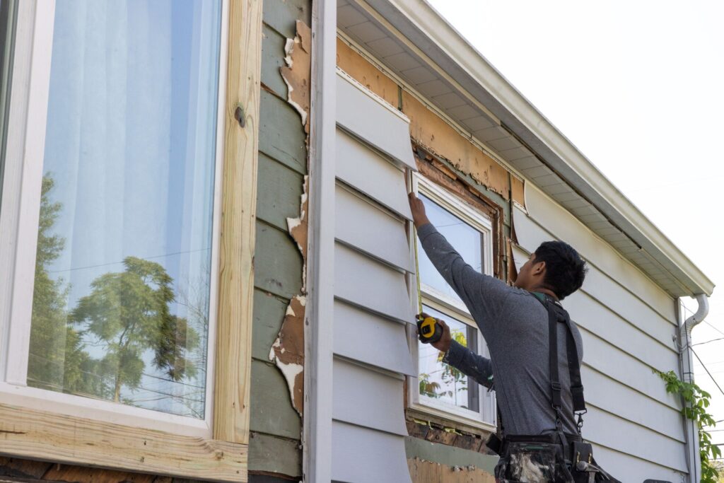 man removing old siding from a house and installing new siding